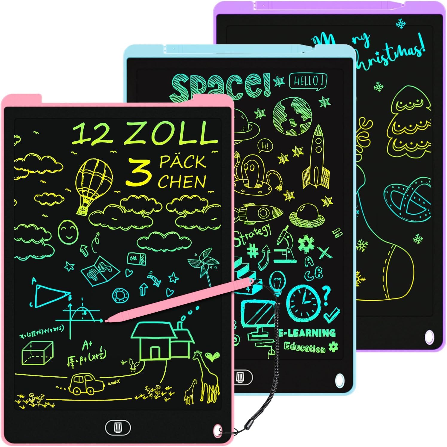 Electight Tablette Dessin Enfants 12 Pouces LCD Colorée avec Bouton Effacement Verrouillage Bleu Rose Violet