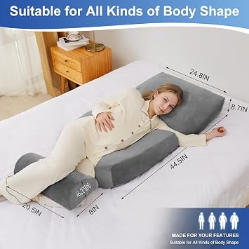 Pregnancy Pillows for Sleeping, 44.5 Inch Pregnancy Massage Pillow Full Body Pillow with Leg Pillow & Removable Cover - Support for Back, Legs, Belly, HIPS for Pregnant Women (Dark Grey)