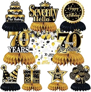 Aurasky 70th Birthday Table Decoration Black Gold, 9 Pieces Honeycomb Decoration Table Toppers Set with 10g Happy Birthday Confetti Table Decoration for Decoration 70th Birthday 70th Year Old