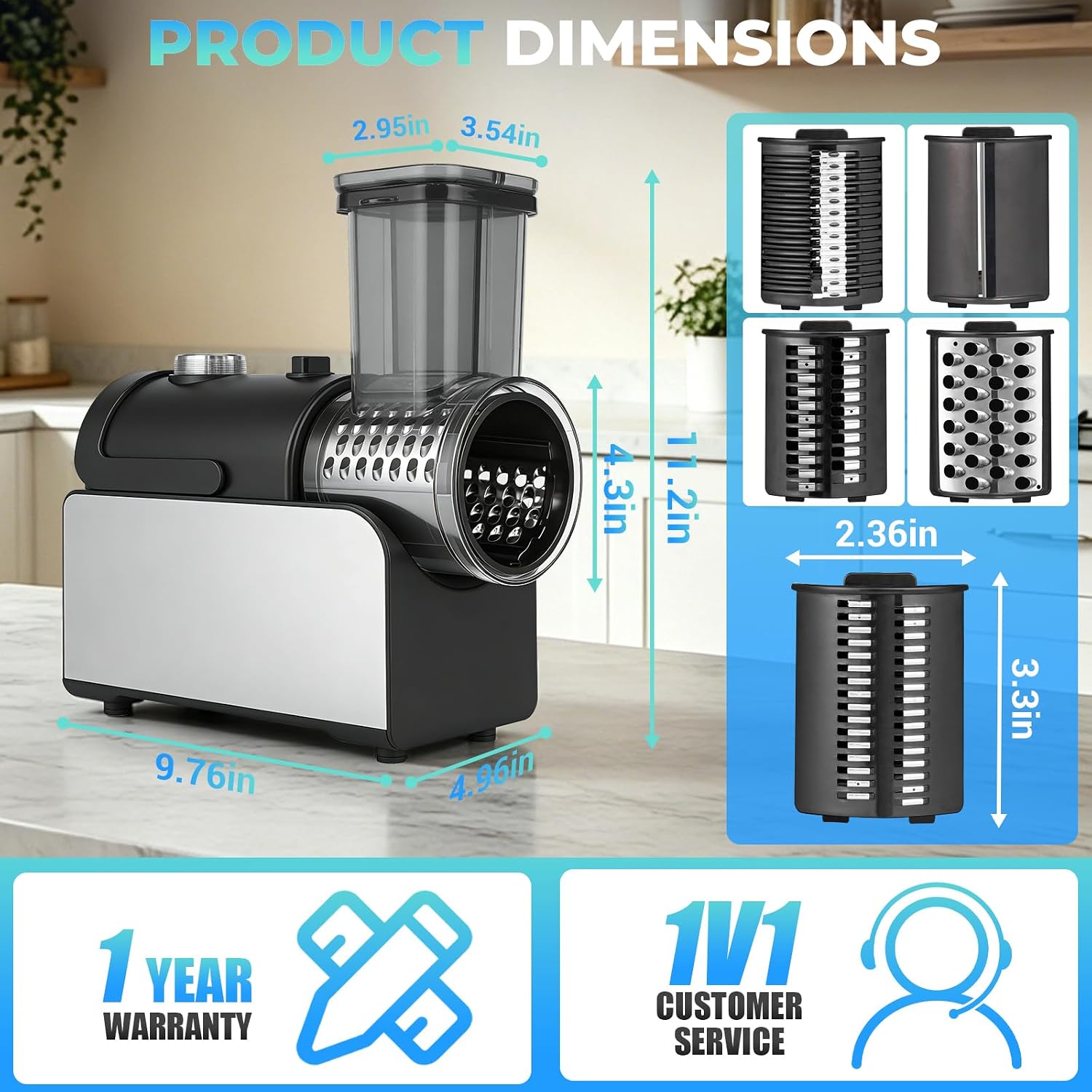 5-IN-1 Electric Cheese Grater Stainless Steel 800W [3S Efficient Cutting]