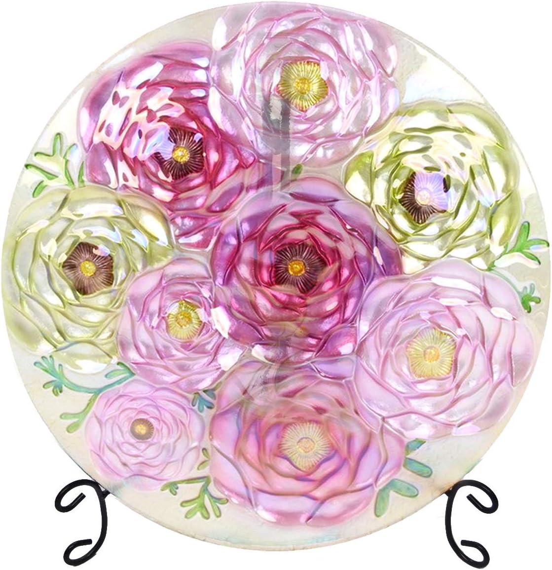 Continental Art Center Inc. CAC3222103 18'' Holographic Painted Pink and Yellow Flowers Glass, Bird Bath/Feeder, Fountain, Decorative Plate