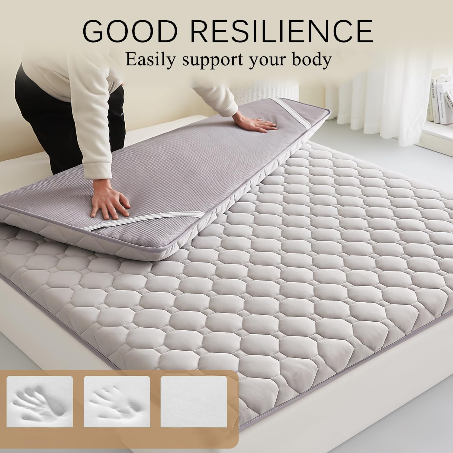 Pink,150 * 190cm, Japanese Floor Futon Mattress Foldable Roll Up Portable Floor Mattress Topper Thicken 4Cm(1.6In) Sleeping Pad Quilted Bed Mattress Topper for Dormitory Camping