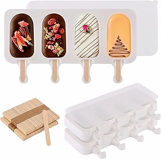 3 Set Popsicles Molds with Lids and 100 Pcs Wooden Popsicles Sticks, Standard Size 4 Cavities Silicone Ice Pop Molds for M...