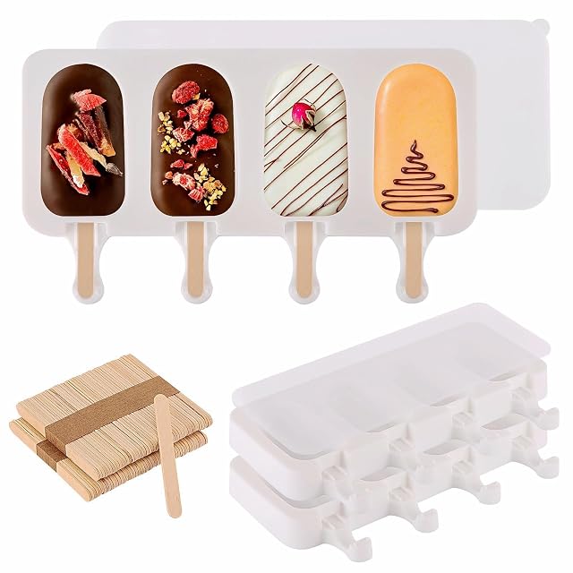 3 Set Popsicles Molds with Lids and 100 Pcs Wooden Popsicles Sticks Standard Size 4 Cavities Silicone Ice