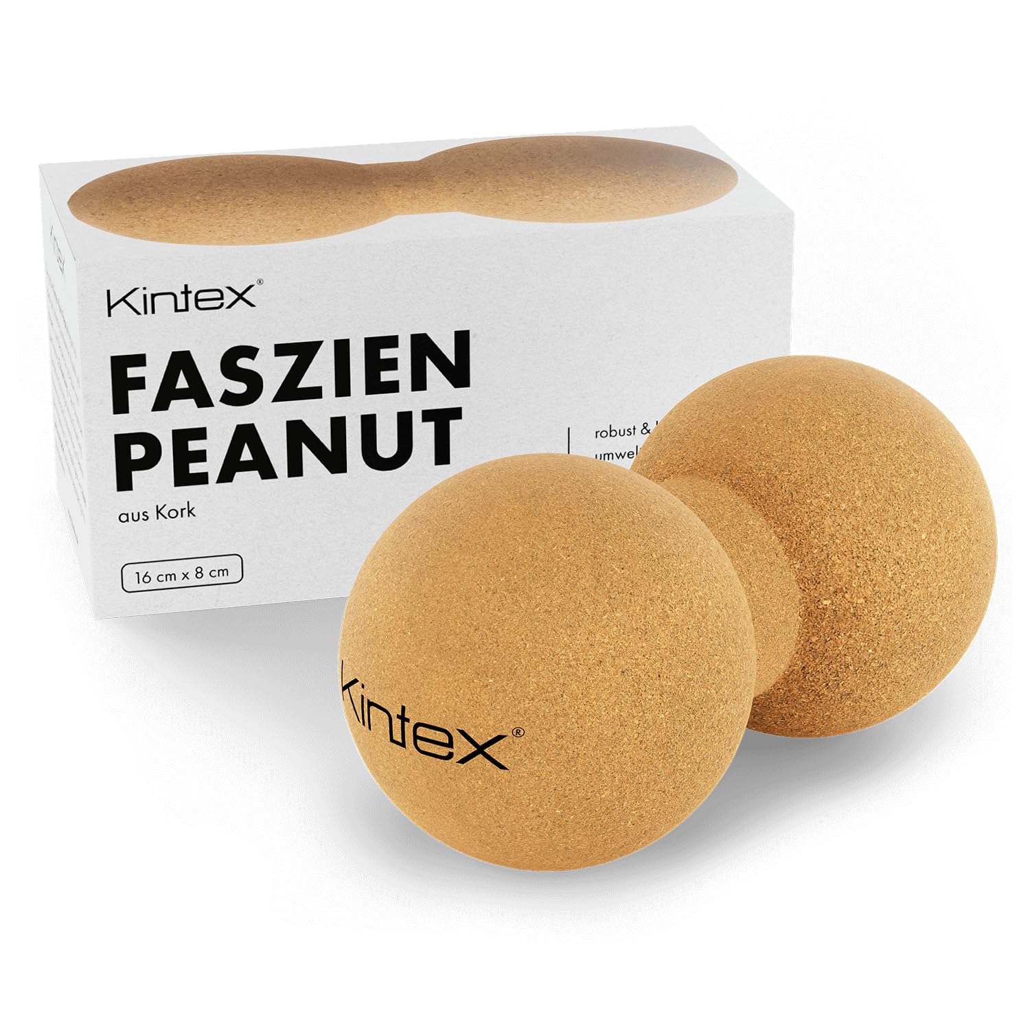 Kintex Piłka do powięzi z korka, 13,5 cm lub 16 cm, podwójna piłka do samodzielnego masażu, piłka do masażu powięzi z rowkiem dookoła kręgosłupa (8 x 16)