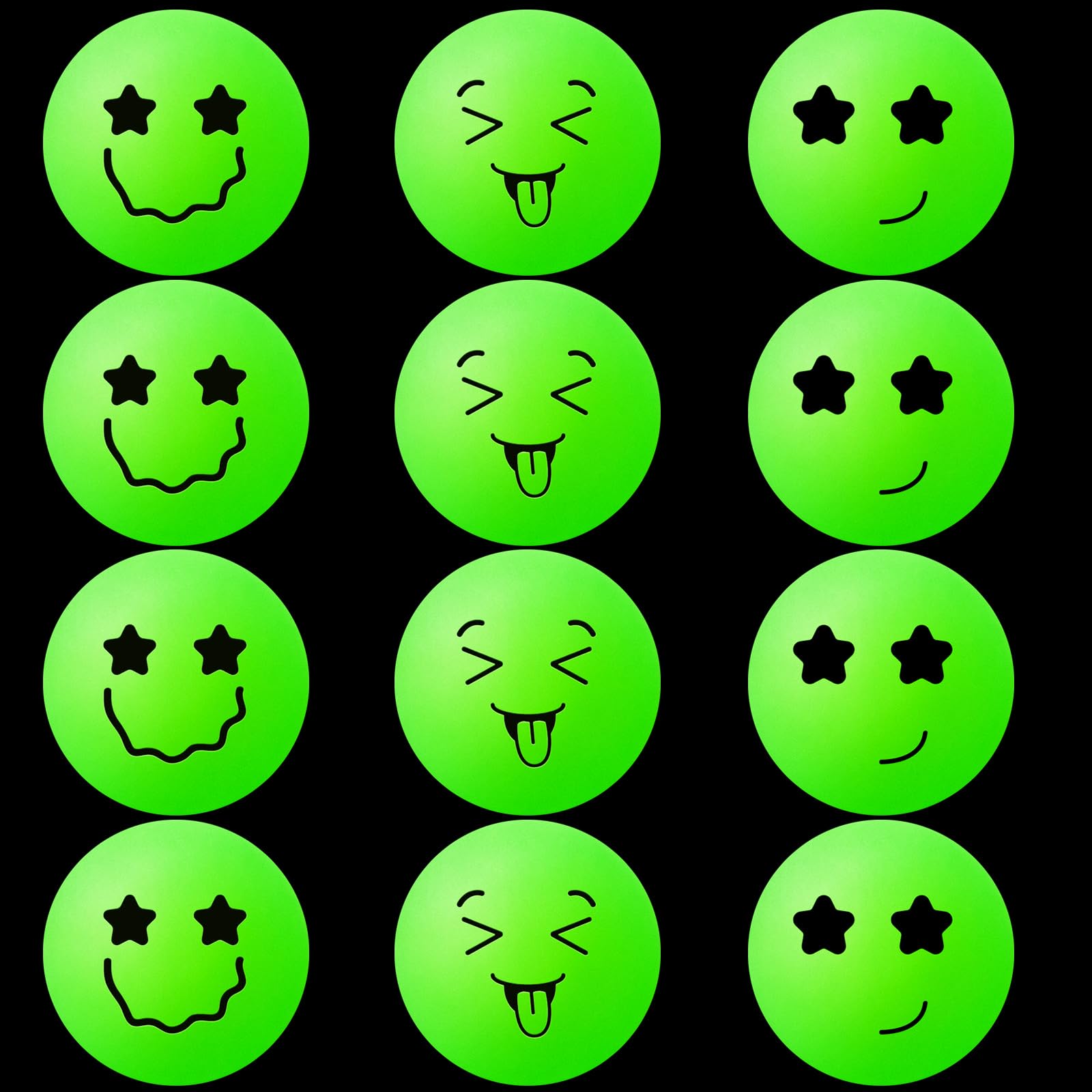 Soulchen 40mm Glow in The Dark Table Tennis Balls Bulk, Carnival Game Night, Neon Birthday Party Favors, Classroom Rewards, Goodie Bag Filler, Pet Playmate(12 Pcs,Glow in the Dark Green,Mixed Faces) โ image 1
