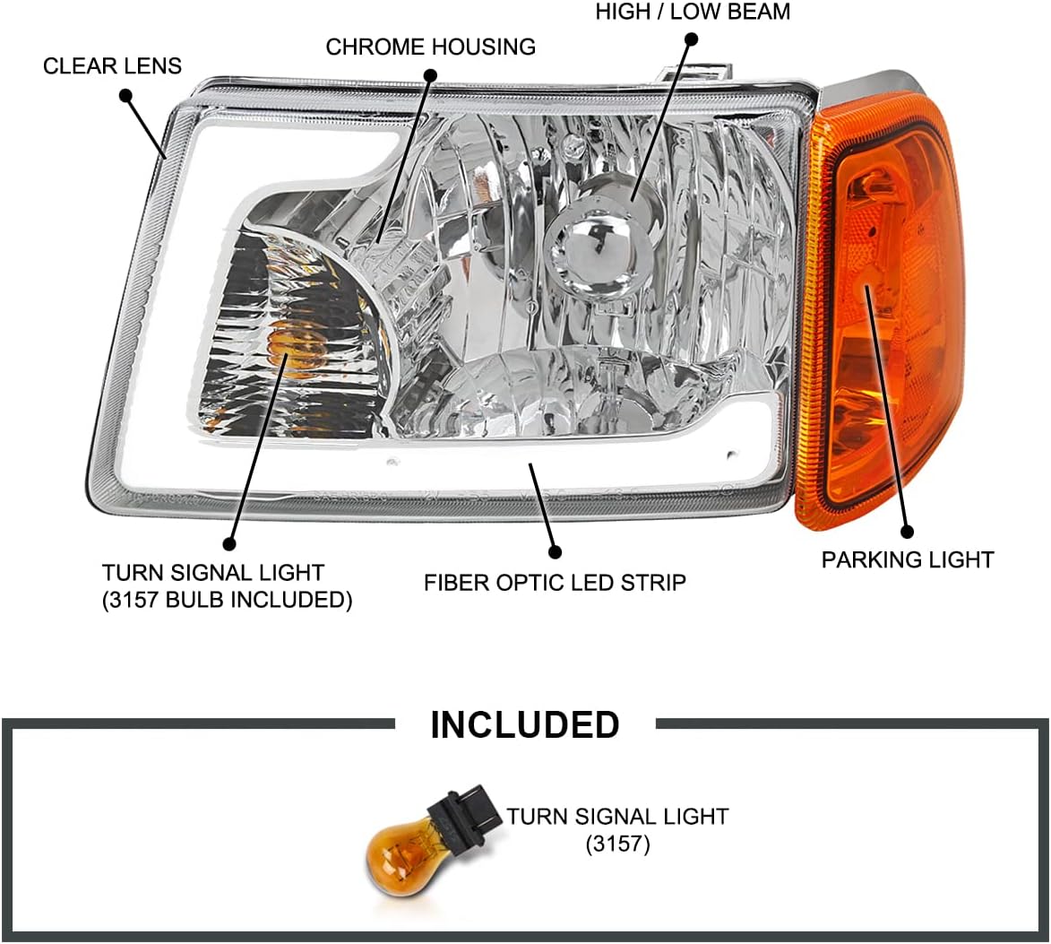 SPEC-D TUNING Chrome LED Tube Headlights Compatible with 2001-2011 Ford Ranger, Left + Right Pair Headlamps Assembly