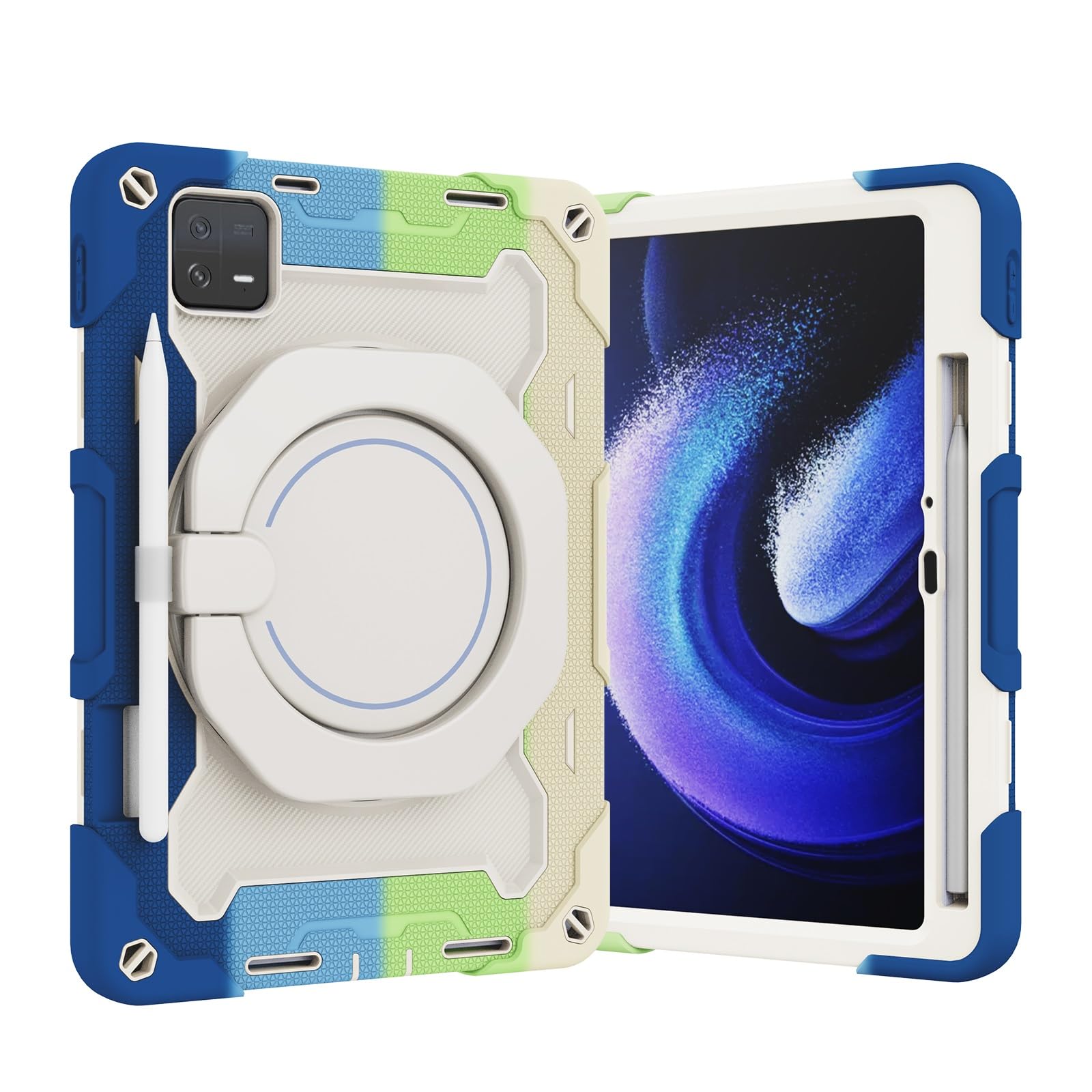 Etui dla dzieci do xiaomi mi pad 6/6 pro 2023 11,2 cala, obracany o 360 ° uchwyt etui z podstawką trzy w jednym odporna na wstrząsy obudowa, odporny upadki, pasek ramię(RAINBOW BLUE)