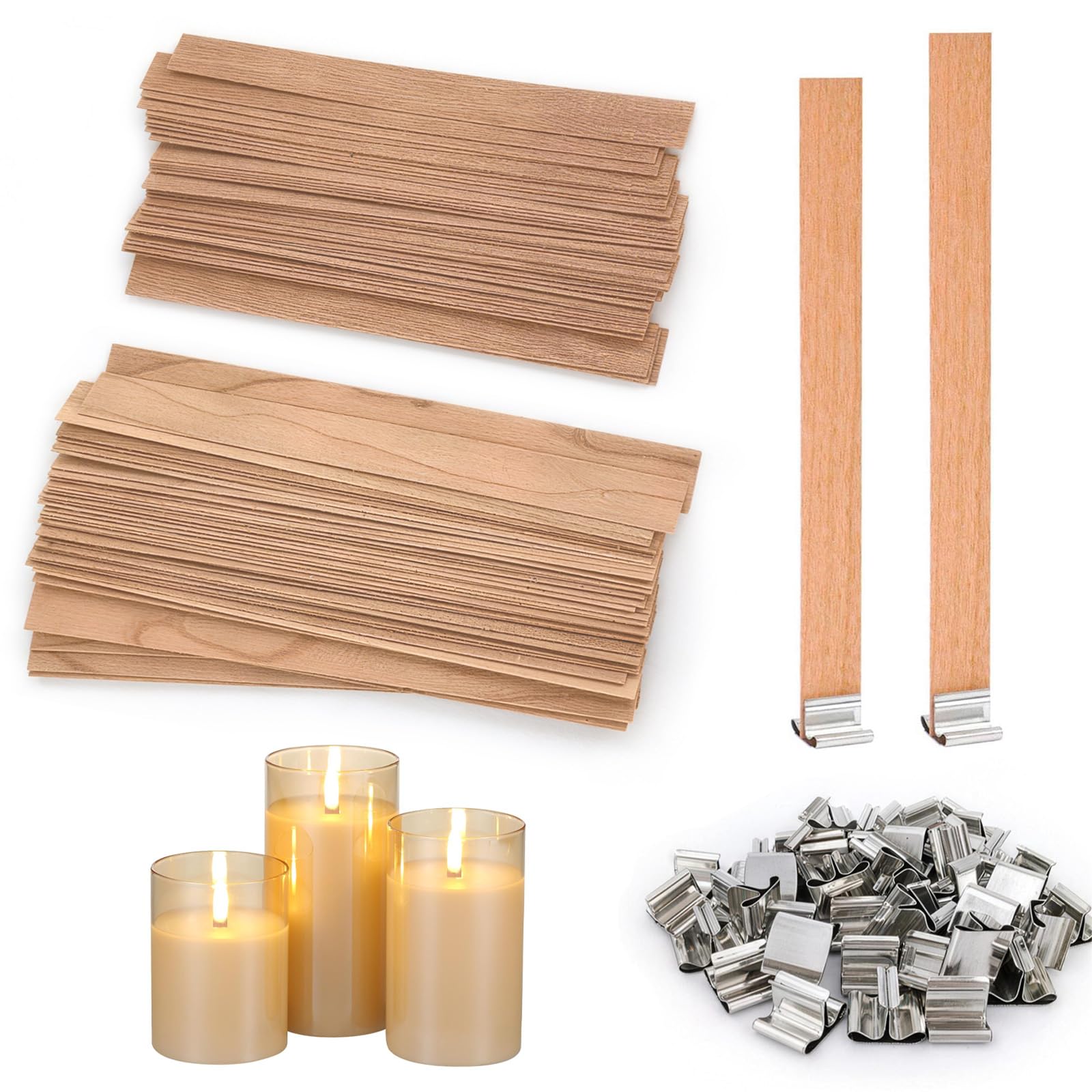 60PCS Wooden Candle Wicks with Metal Sustainer, 13mm Wide, 130mm & 150mm