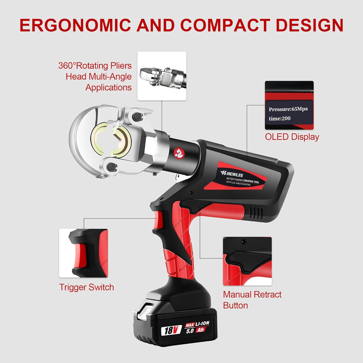 Electric Wire Cable Crimper Battery Powered Hydraulic Crimping Tool Range 8AWG to 600MCM with 12 Dies, Electricians for Circuit Repairs and Stainless Steel Deck Upgrades (HL-300B)