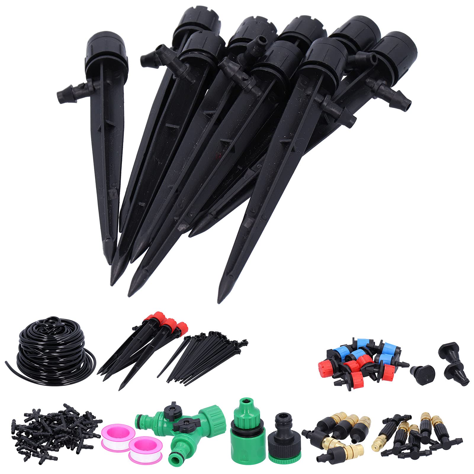 di irrigazione da giardino 25M, kit di irrigazione a goccia con ugelli regolabili, attrezzatura per irrigazione per orto, prato, terrazza, include 35 T, 10 gomiti, 20 inserti a