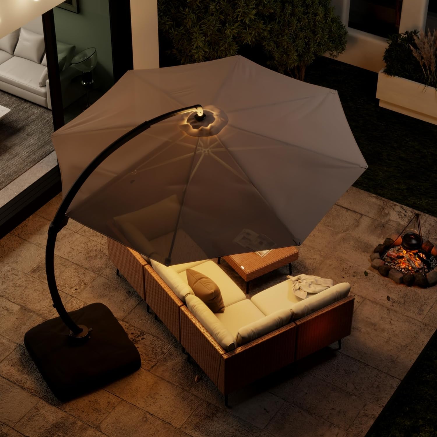 ENSTVER 11FT Solar Powered LED Light Cantilever Patio Umbrella With Base Included, Round Large Aluminum Outdoor Cantilever, Heavy Duty Offset Umbrella with 360°Rotation for Pool, Deck, Backyard