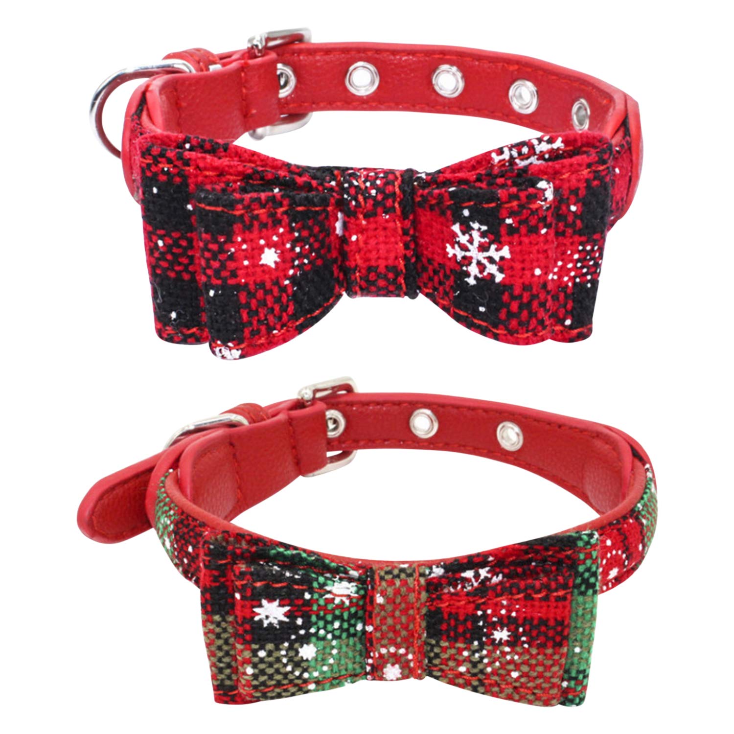 StarTreene 2 Pack Christmas Bow Neck Collars for Dogs Cats PU Leather Adjustable Cute Neckties (Red Green)
