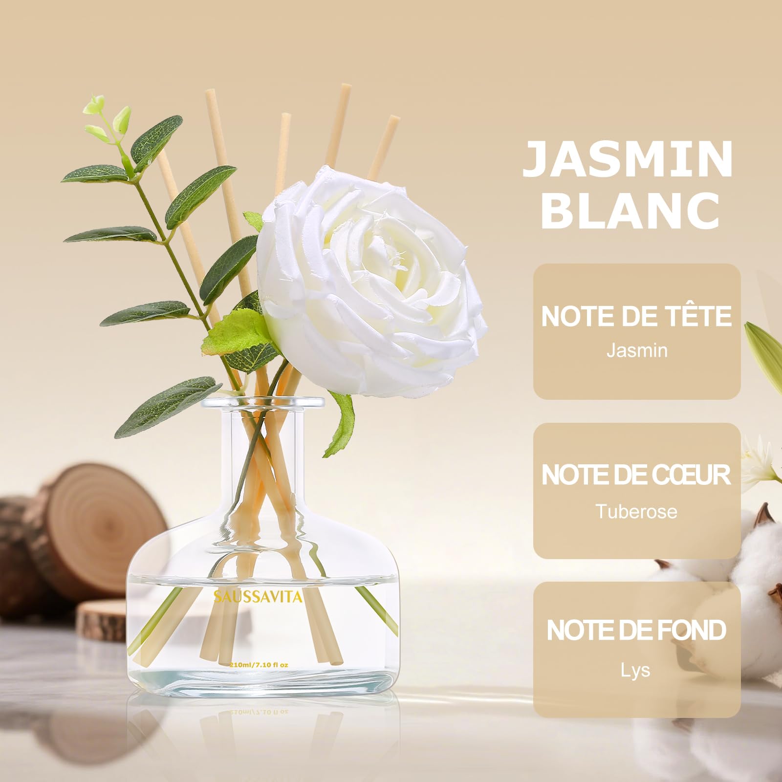 Saussavita Profumatore per Ambienti con 7 Bastoncini, 210 ml Diffusore Profumo Ambiente Lino Home Fragrance Flower Reed with Plastic Flowers for Bathroom Shelf Décor