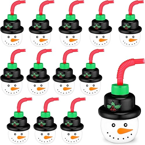 12 vasos de plástico con pajitas, regalo para niños, niñas, mujeres, hombres, fiesta temática de cumpleaños (muñeco de nieve)