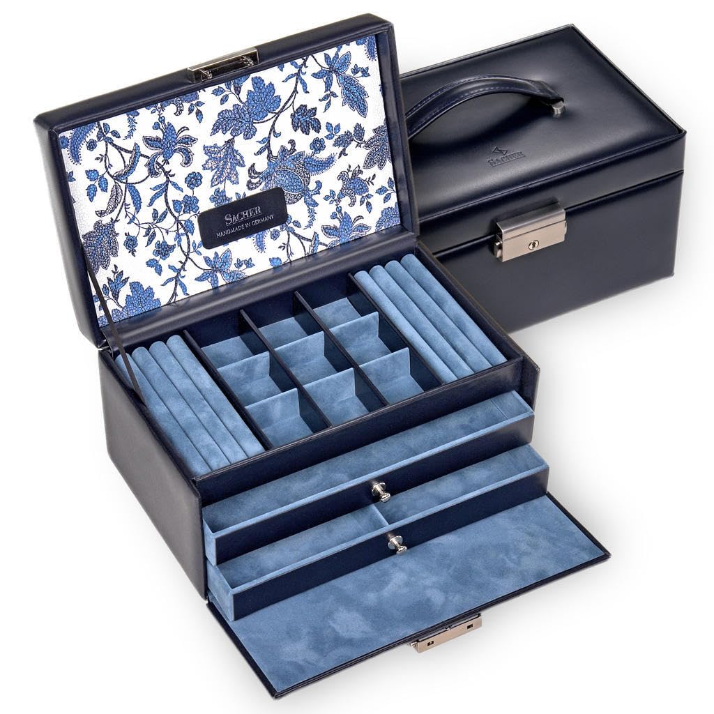 SACHER Coffret à Bijoux Elly/florage/Bleu, Cuir/Handmade in Germany