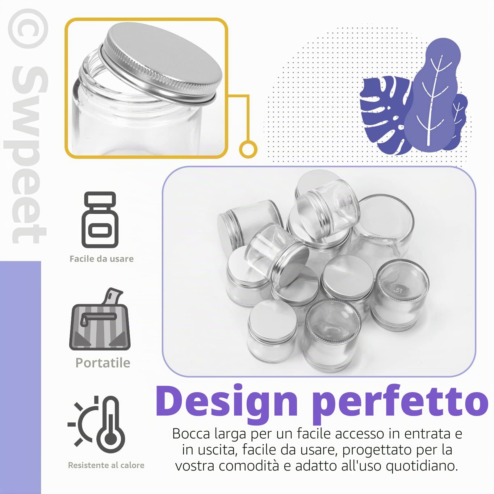 Swpeet Confezione da 15 barattoli in vetro trasparente da 60 ml con coperchio argentato, contenitori rotondi in vetro per cosmetici, barattoli da viaggio per cosmetici, creme e lozioni
