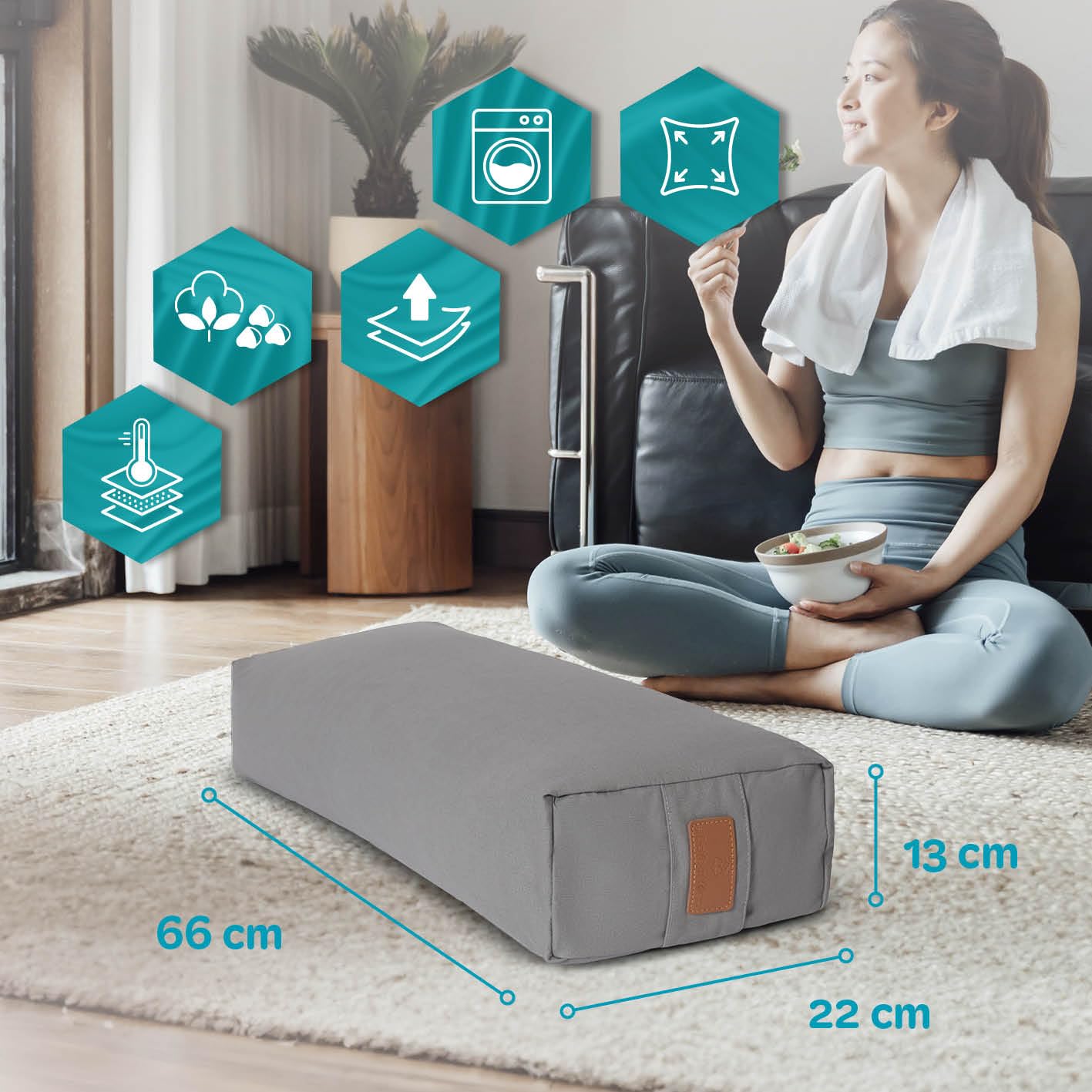 eckiges Yoga Bolster » paravati « con Bio di grano saraceno Shell (KBA)Lunghezza ca 67 cm & diametro ca 13 cm – Ideale come cuscino per YogaZafu Cuscinocuscino da meditazionemeditiations
