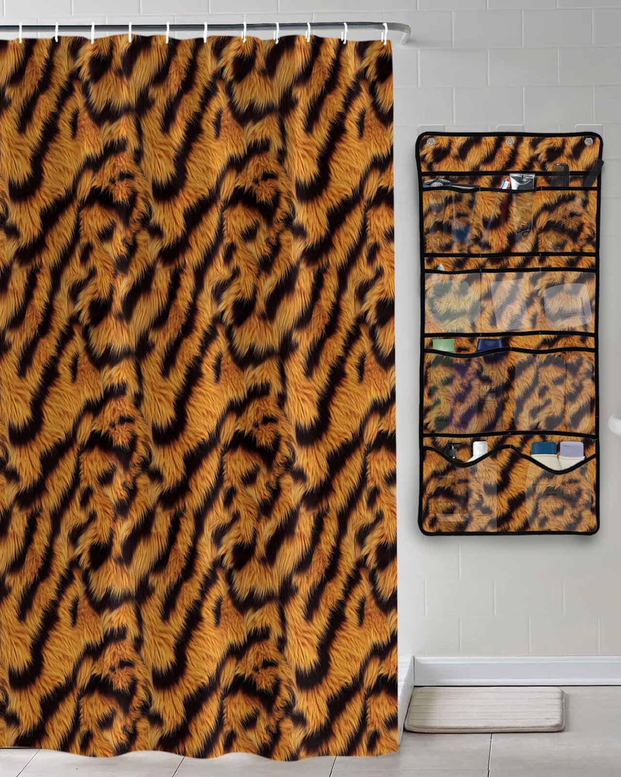 Decorative Shower Curtain Sets Tiger Print Polyester Fabric Waterproof Bath Shower Curtains Modern Animals Textured Black Yellow Mesh