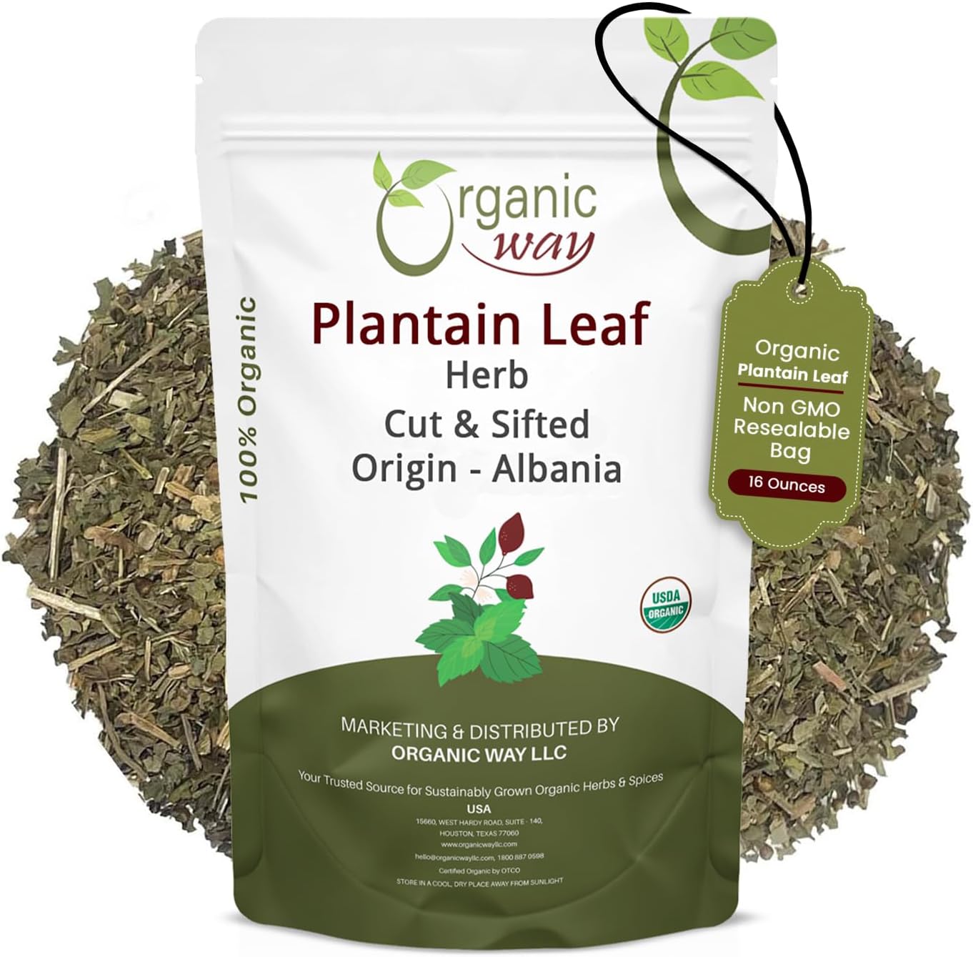 Organic Way Plantain Leaf Cut and Sifted - Herbal Tea | European Wild-Harvest | Organic & Kosher Certified | Non GMO & USDA Certified - Origin Albania (16 Ounce Pack)