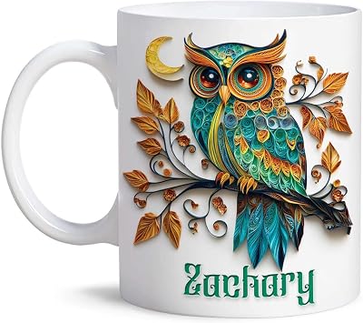 Novelty Personalized Artistic Bird Cup, Custom Name Owl Coffee Mug 11oz 15oz, Quilling Style Animal Ceramic Cup, Owl Lover White Mug, Gifts for Bird Lovers