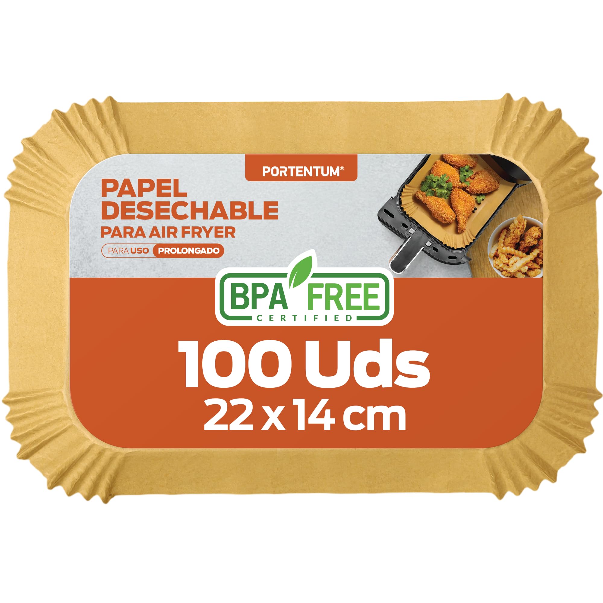 PORTENTUM Papel freidora aire 100 unidades de 22-14 cm Rectangular. Papel Air Fryer Grado alimenticio BPA free, FDA y LFGB Certificado ClimatePartner