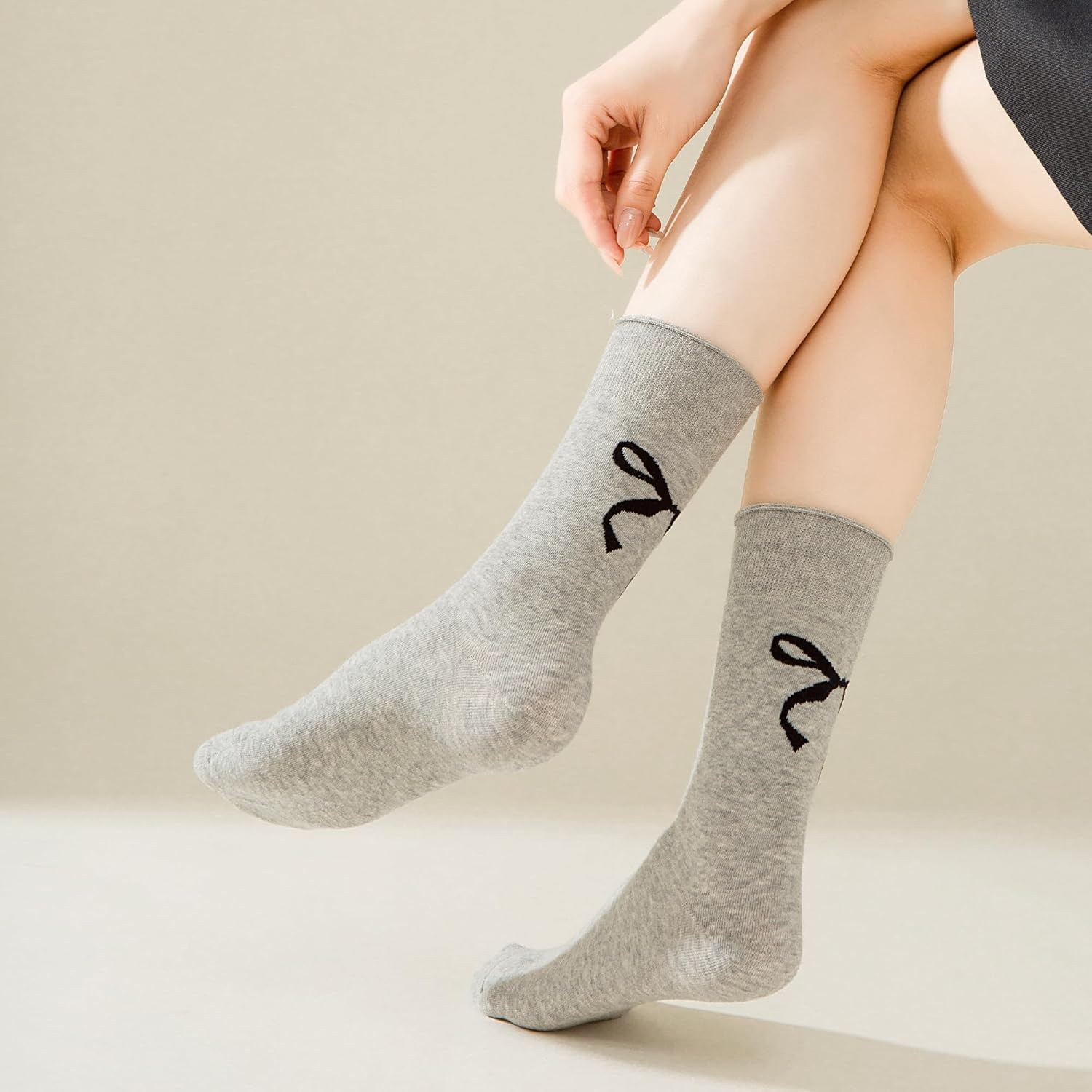 Women's Crew Socks Calf Cotton Cute Bow Pattern Campus Style Sock for Girls White Black Grey Fancy Printed Socks 5pack Size5-9 - Image 4