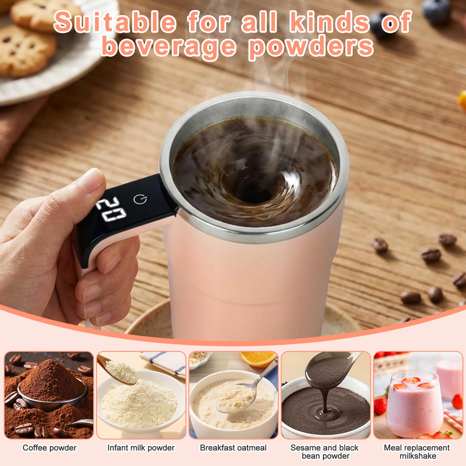 380 Ml Miscelatore Elettrico Ricaricabile, Tazza Per Miscelatore Elettrico Con Display LCD, Tazza Da Caffè Automatica, Con Coperchio, Per Latte Cacao Cioccolato Caldo E Bevande(Rosa)