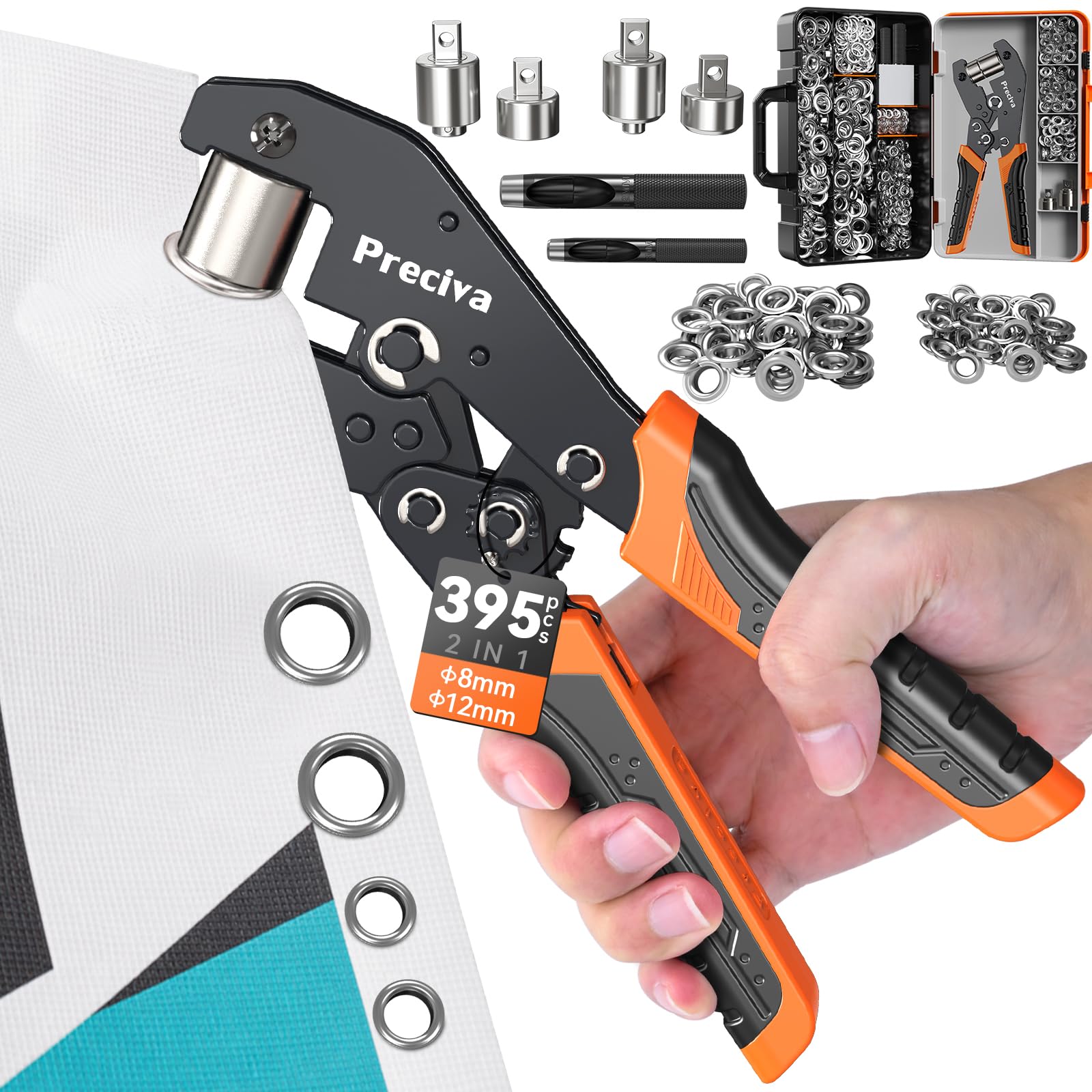 Preciva Ojales para Lonas,Remachadora Ojales Metalicos,395 Ojales 8/12mm,Remachadora Ojales,Ojales para Lonas,Alicates De Ojales para Lonas Tejidos Velas Solares CartóN Cuero y Pvc