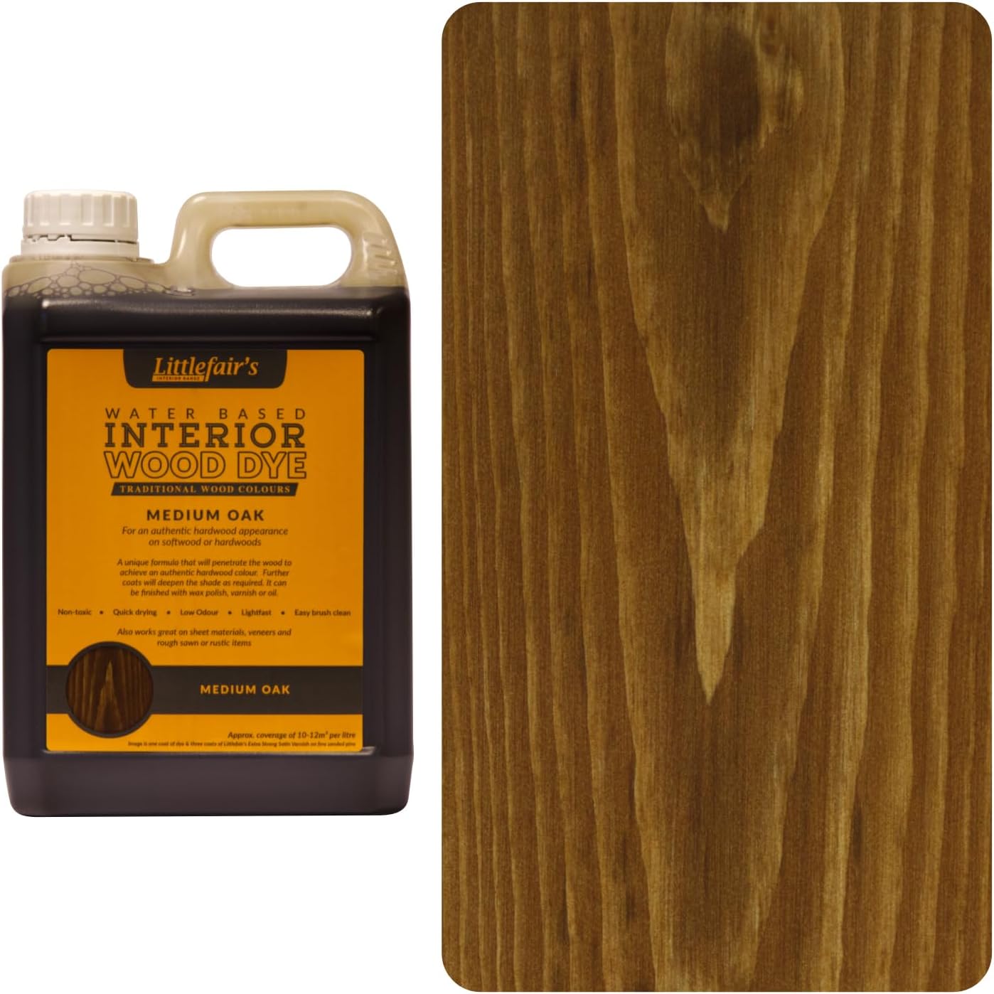 Wood Stain Water Based - 170oz/5ltr - Indoor Furniture Stain Light & Dark Finishes - Special Non Toxic & Eco Friendly Formula - Wood Stain for Crafts - Color: Medium Oak