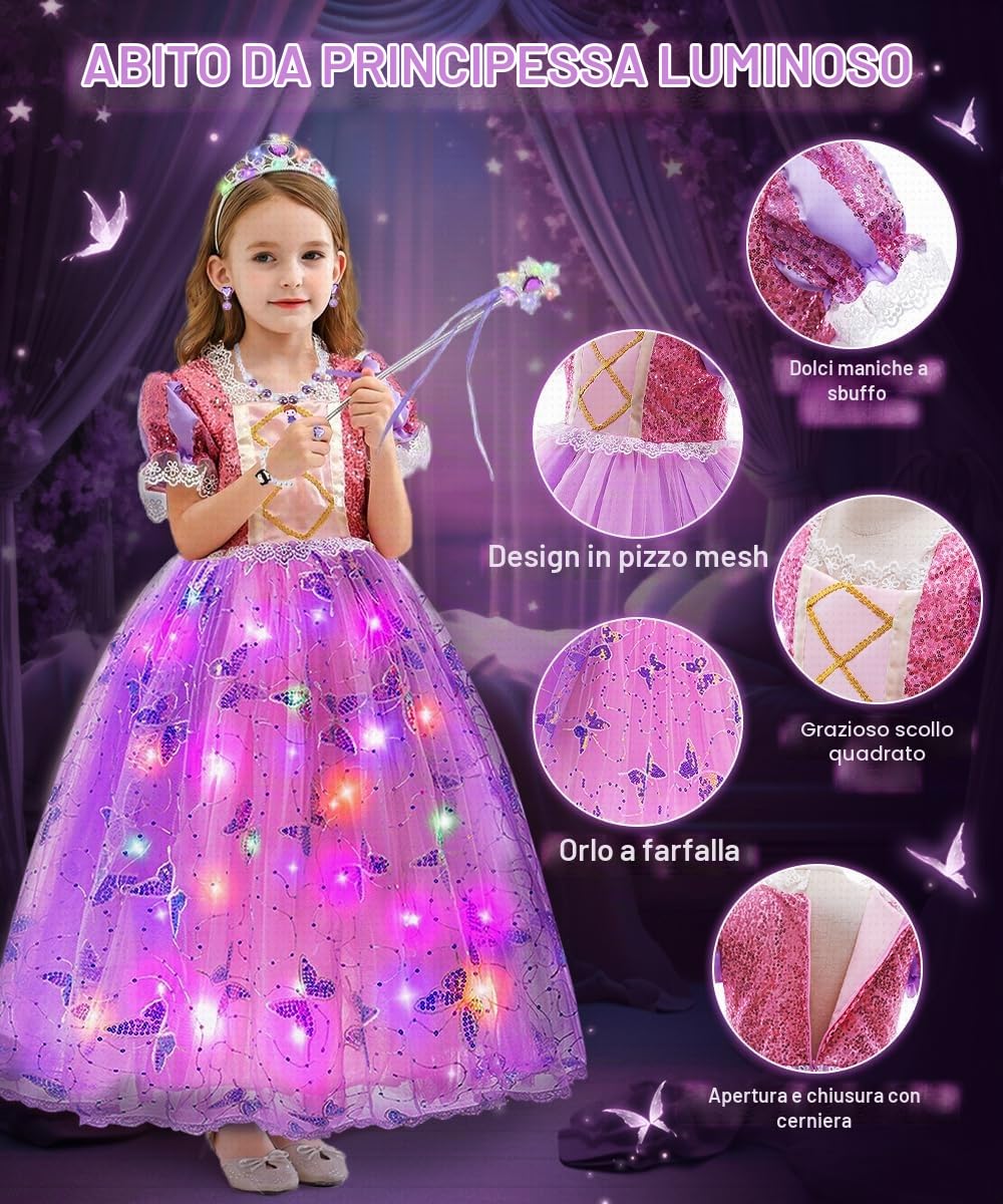 Vestito Principessa, LED Costume Principessa Bambina con Set Corona Principessas Luminoso, Vestiti Costume Carnevale, Vestito da Principessa per Cosplay