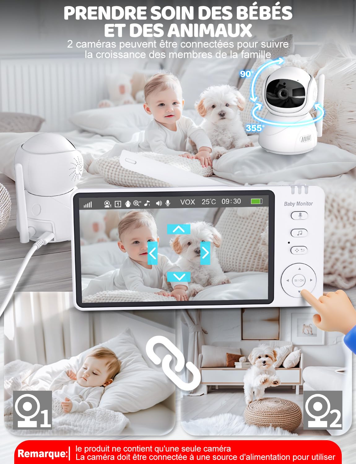 OBVHNUA 5 Pouces Babyphone Camera 720P HD Caméra Bebe Babyphone Video sans Fil Moniteur Bébé avec 2X-4X Zoom Pan-Tilt Vision Nocturne VOX Interphone 8 Berceuses 5 Réveil Température Temps