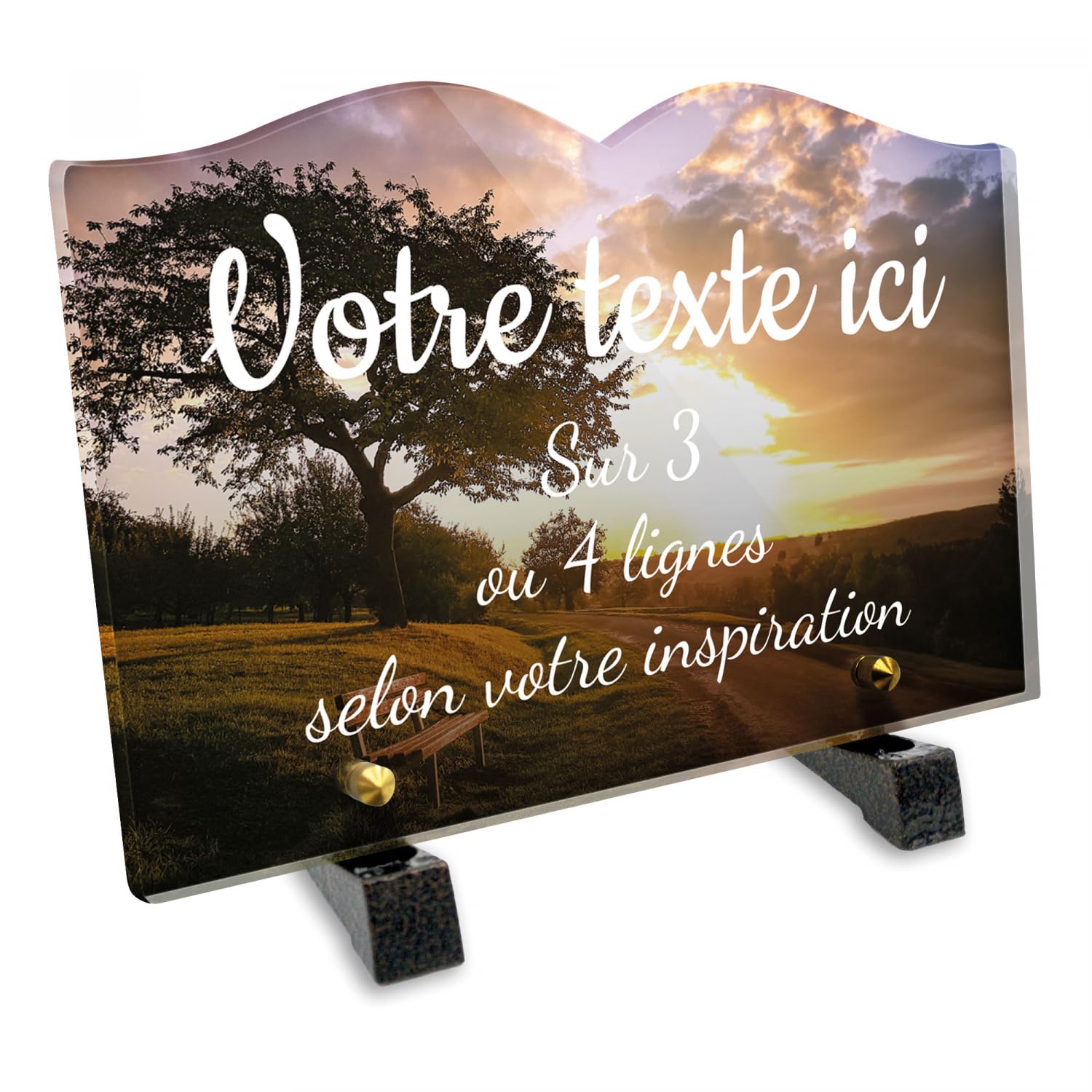 Placa funeraria Libro personalizable en plexi con diseño de paisaje con árbol y banco, varios tamaños, grosor 6 mm, personalizado en varias líneas 22x15 cm