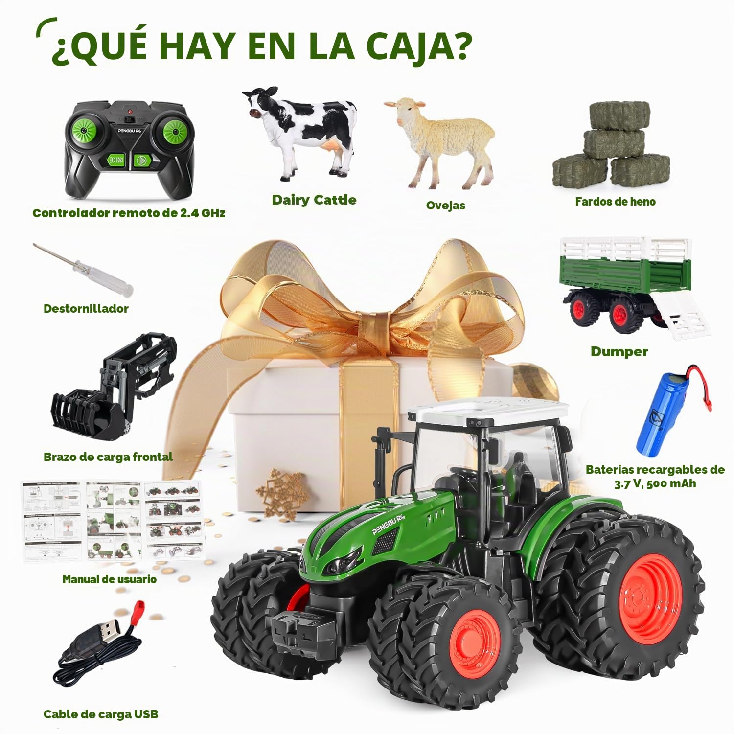 Tractor Juguete a Partir de 3 años, 2.4 GHz Tractor teledirigido teledirigido con Remolque, RC Trecker Juguete con Mando a Distancia, Vaca y Oveja, Regalo 2 3 4 6 años
