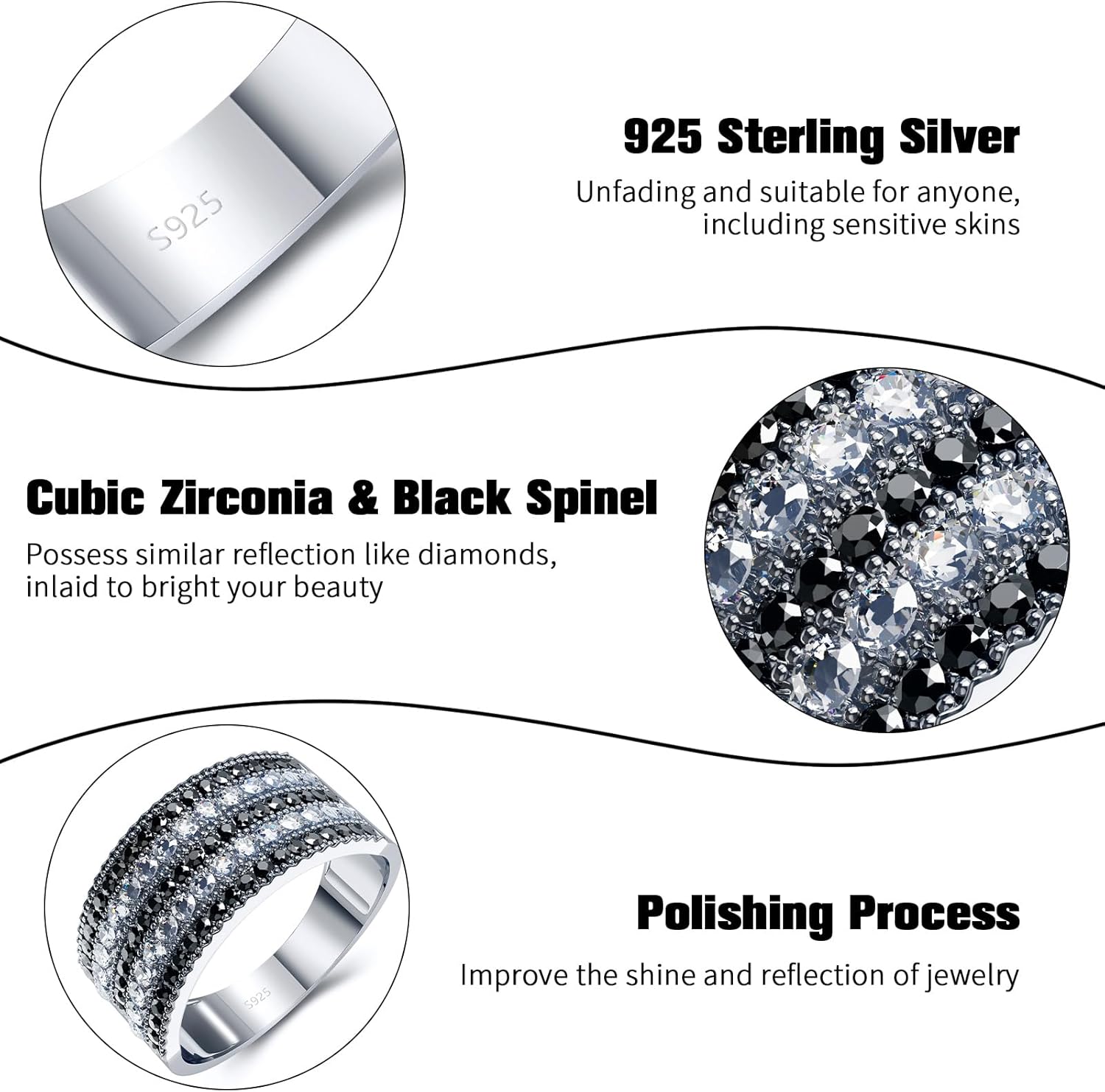 925 Sterling Silver Women Rings with White Cubic Zirconia and Black Spinel High Polish Vintage Statement Rings for Women Girls as Gifts Size 6-10