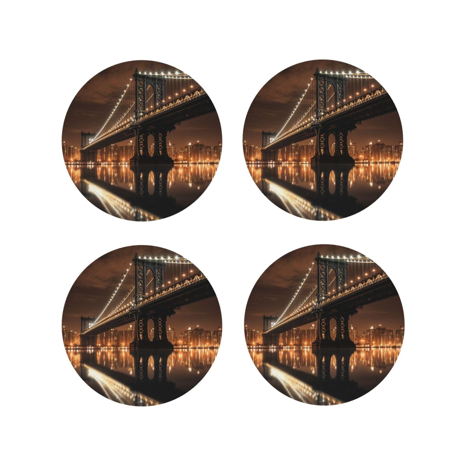 4pcs Drink Coasters for Tabletop Protection, 4" Leather Coasters for Drinks, New York Manhattan Bridge Night Cup Coasters for Coffee Table Decor, Non-Slip Drinking Cup Mat for Hot Or Cold Drink