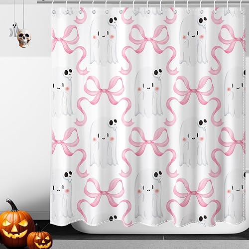 Miniatura 8 de Cortina de ducha de Halloween para baño, bonita cortina de ducha con lazo rosa, calavera y fantasma, para niños, decoración de baño de Halloween,