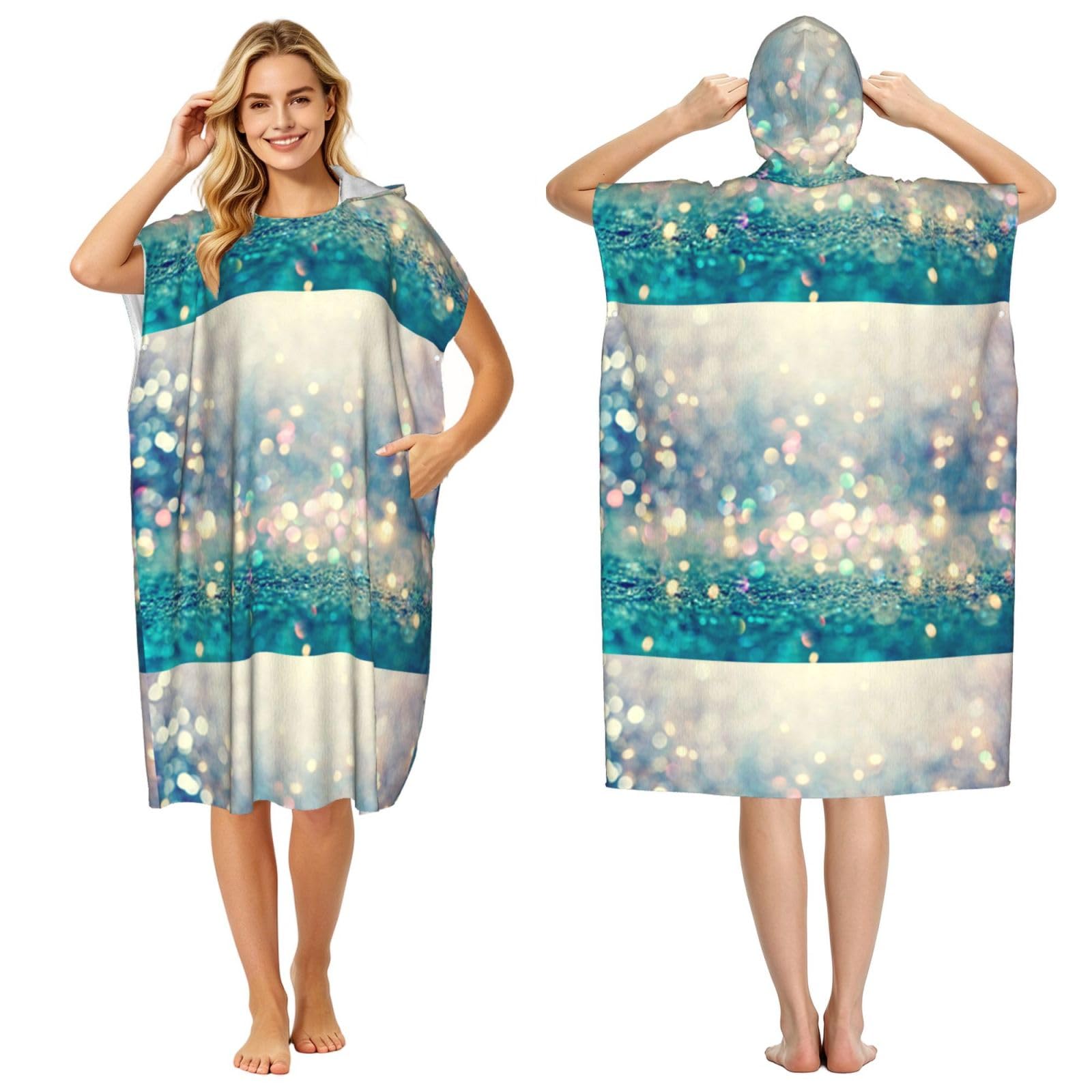 Poadnly Blue Golden Bokeh Glitter Polka Dots Glitter, Adult Hooded Beach Towel 90 x 110 cm,Changing Bath Robe, Surf Poncho Towel For Women Men