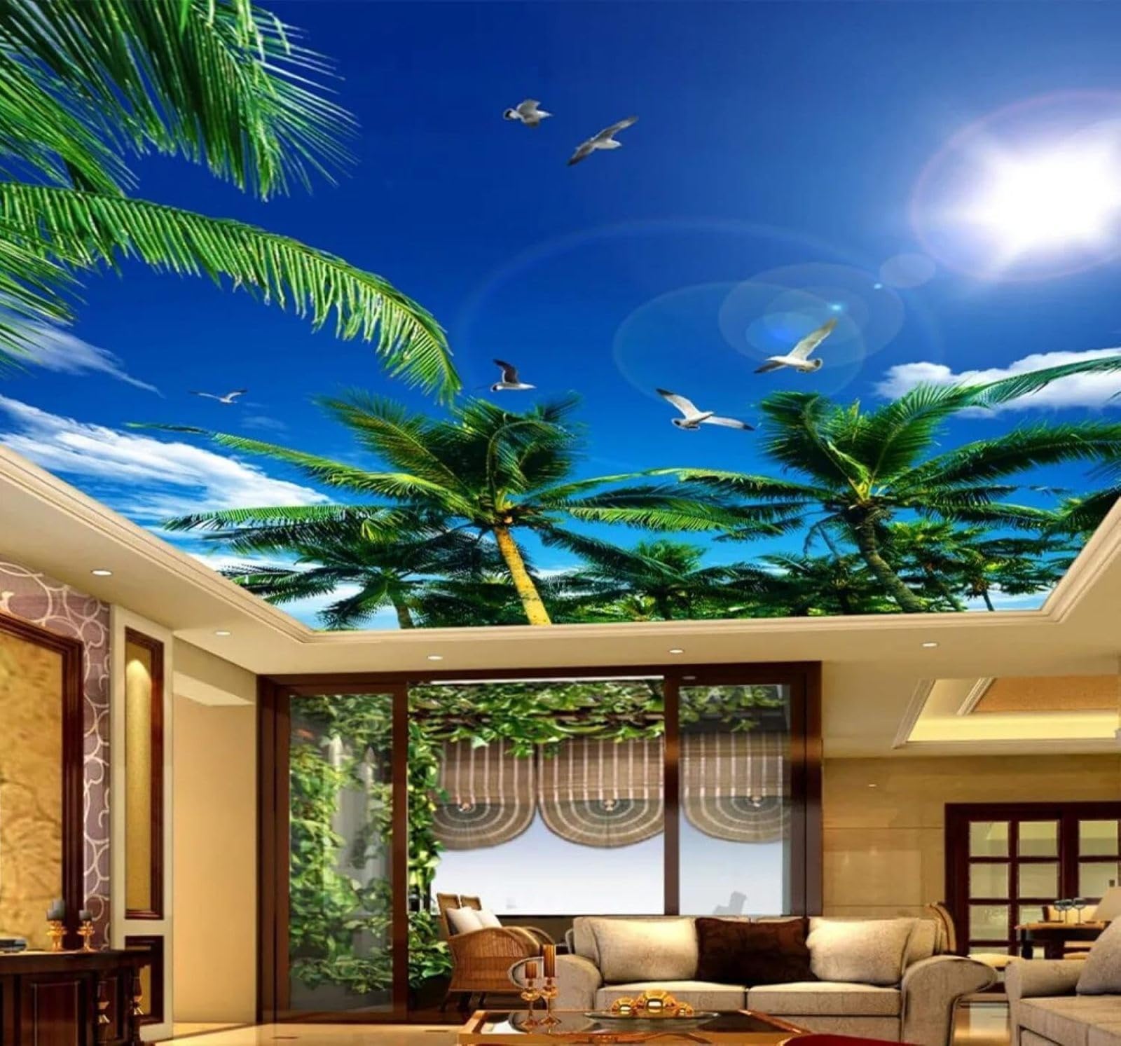 XLMING Blue Sky White Clouds Coconut Trees Seagulls Natural Scenery 3D Wallpaper Silky Texture Home Study Office Grey Dining Room Sofa Bedroom Living Room TV Backdrop-430cm×300cm