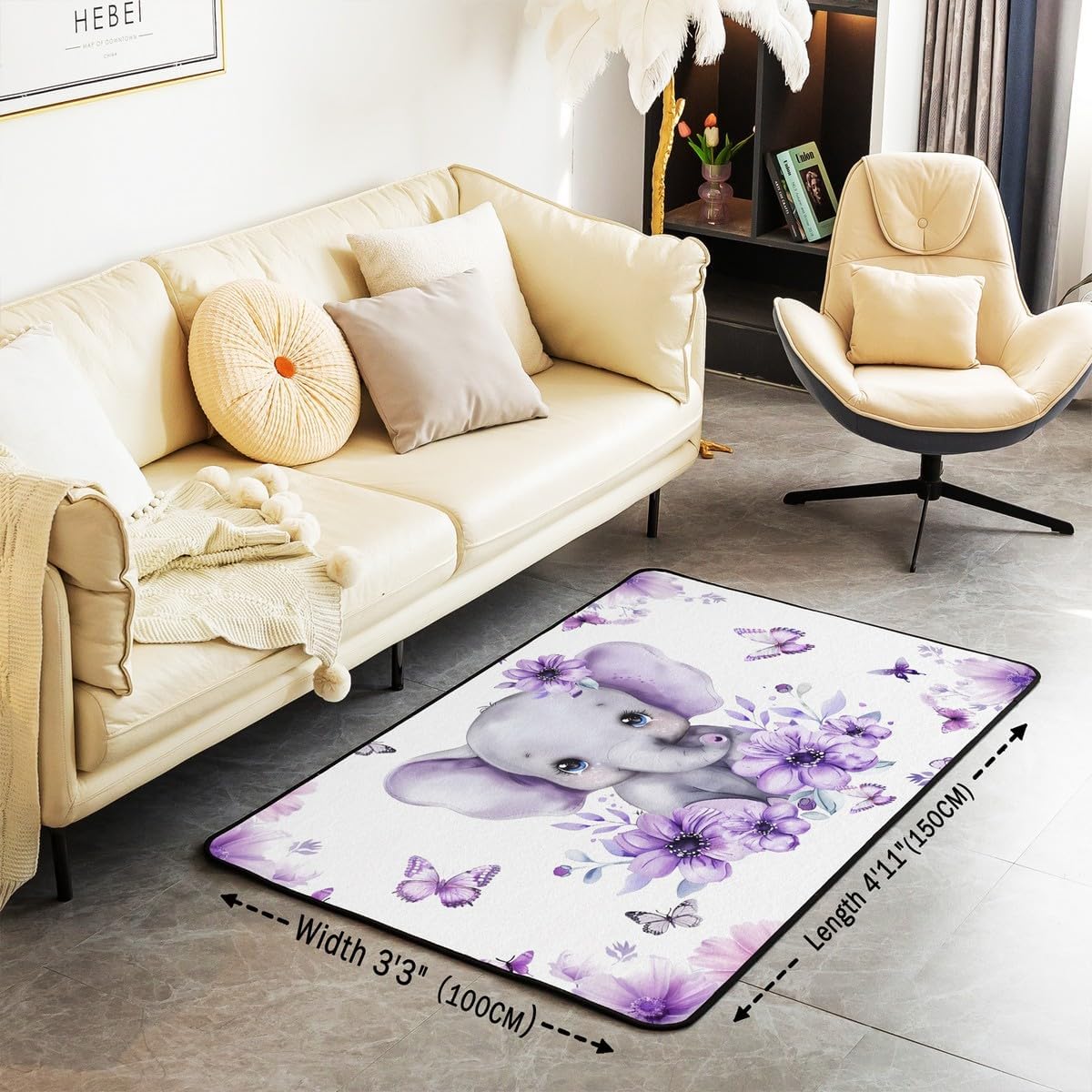 Erosebridal Kids Elephant Area Rug 4'11" x 3'3" for Bedroom Living Room Playroom,Cute Zoo Animal Carpet,Purple Floral Indoor Floor Mat Non Slip,Flying Butterfly Decorative Rug