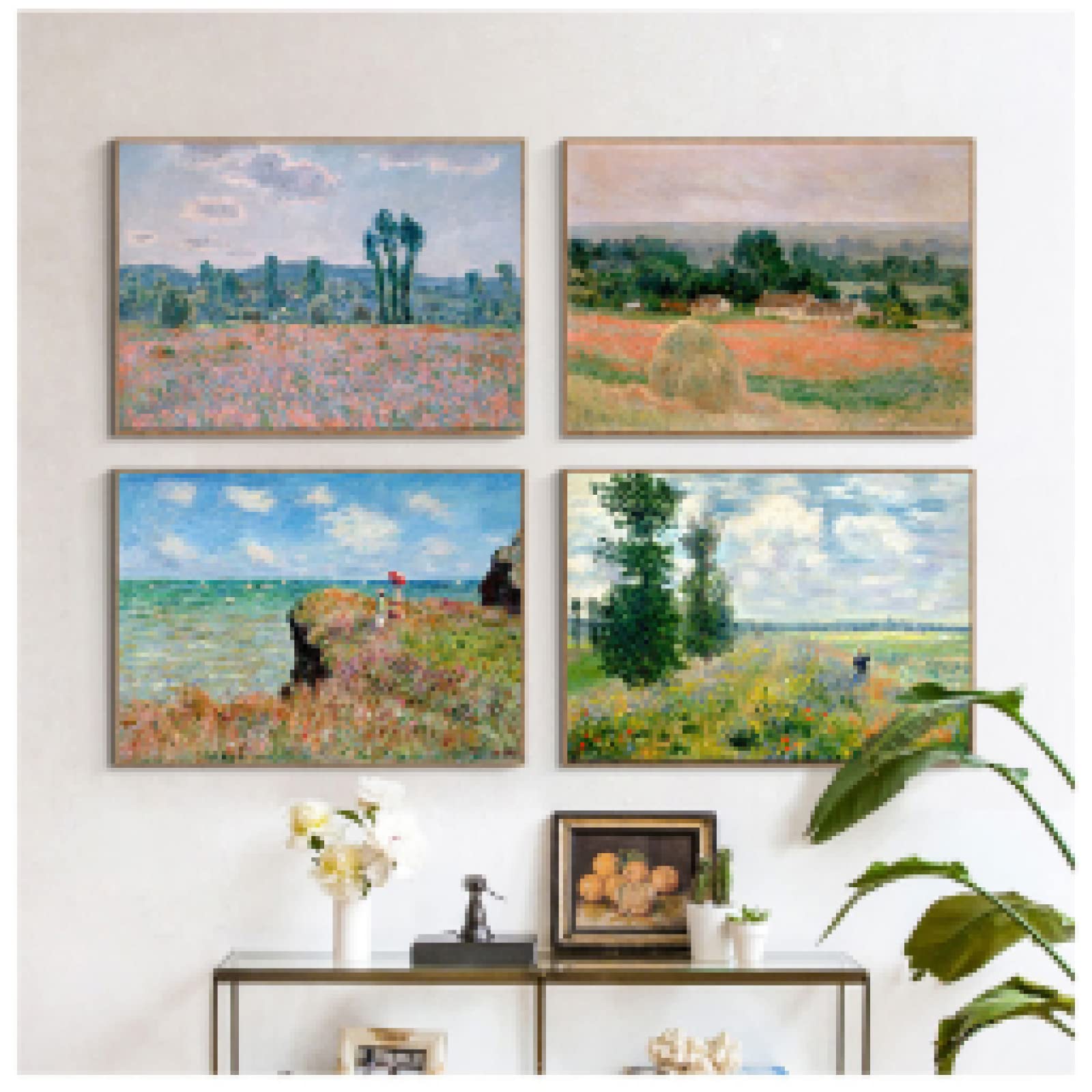 Tongda Decor Claude Monet Álamos Campos Paisaje Impresionista Lienzo Pintura Carteles Arte mural Imagen para la decoración de la sala de estar Enmarcado 60x80cmx4pcs Marco interno