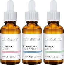 PraNaturals Kit de Sérums Faciales 3x30ml - Ácido Hialurónico, Retinol y Vitamina C - Borra las Líneas Finas y las Arrugas, Enriquecido con Aceites y Vitaminas Naturales