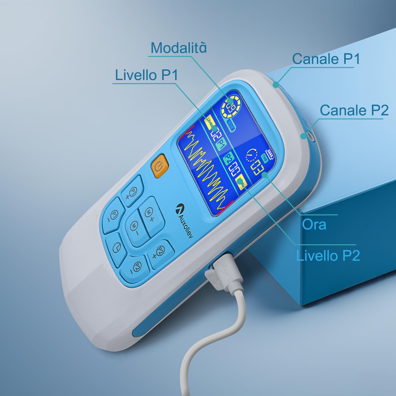 Auxoliev 2012A Elettrostimolatore muscolare, TENS/EMS, 25 modalità per alleviare il dolore e trattare schiena, collo, articolazioni, sciatica e corpo - Blu e bianco