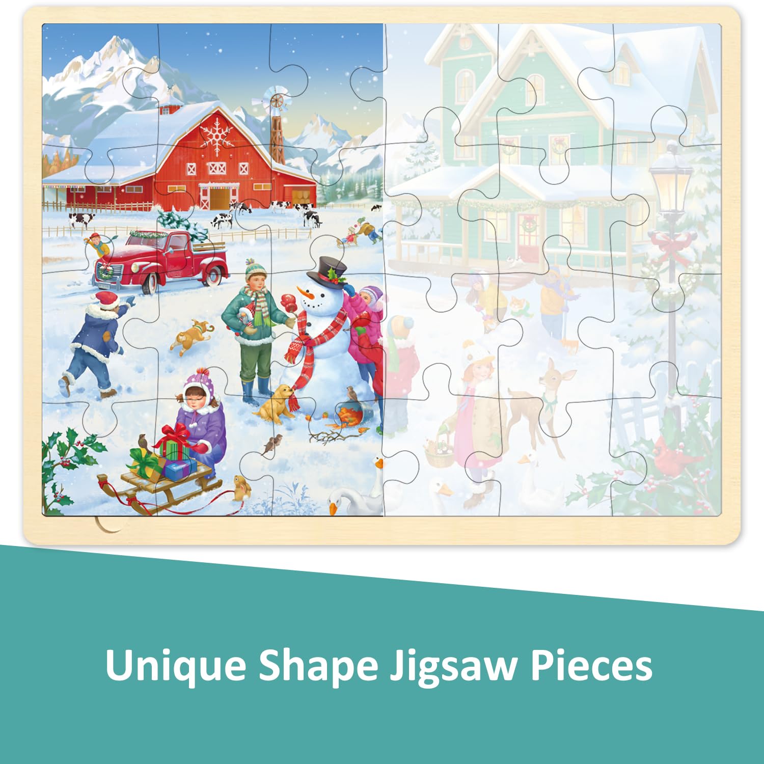 MoinKidz Christmas Wooden Puzzle For Toddlers - 24 Piece Winter Farm Scene With Storage Tray