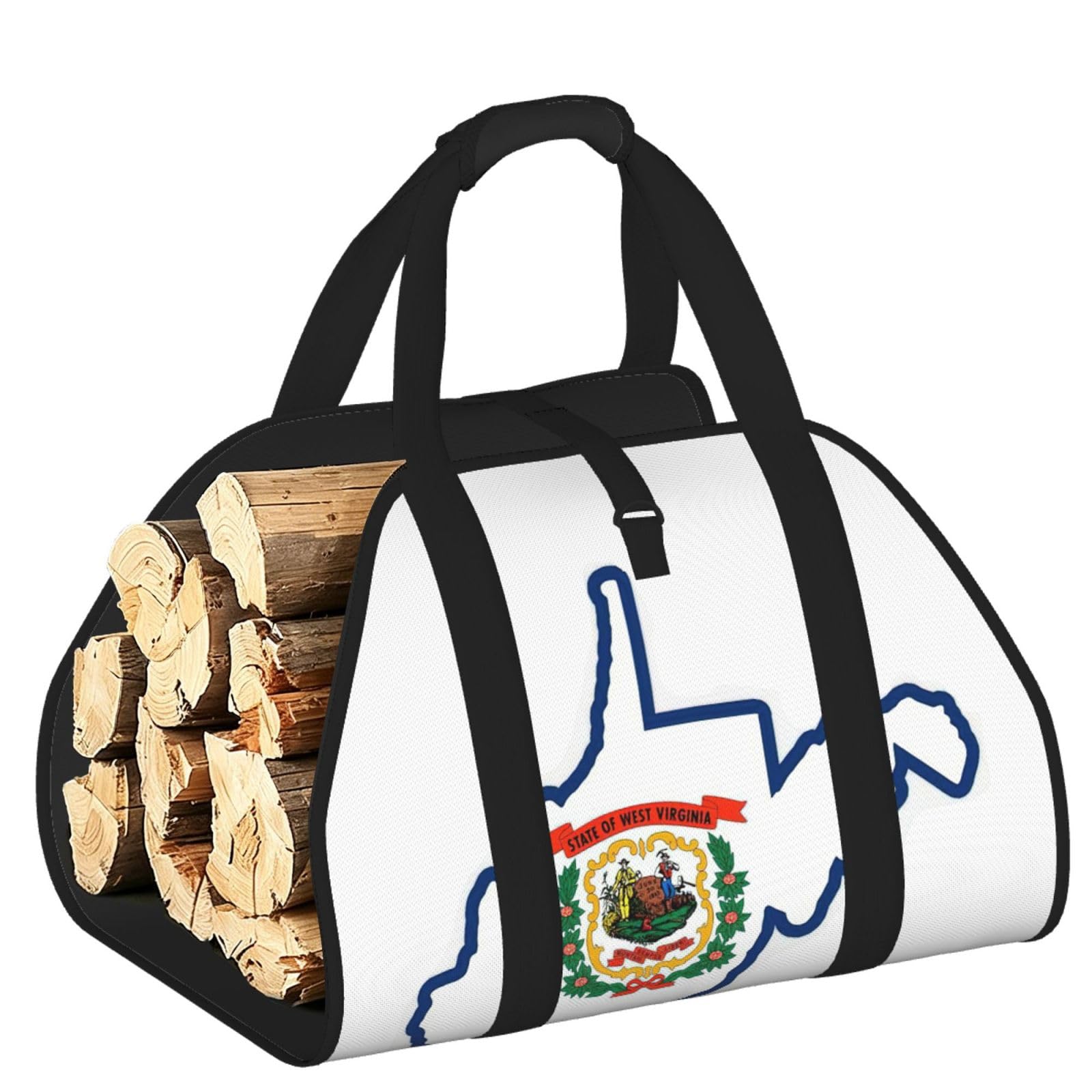 West Virginia state Flag Map Printed Firewood Log Carrier, Large Tote Bag with Reinforced Handles for Camping Fireplace Home
