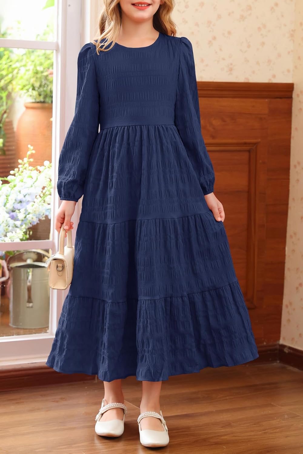 MITILLY Girls Maxi Dress Puff Long Sleeve Crew Neck A-Line Ruffle Tiered Casual Party Dresses with Pockets - Image 2