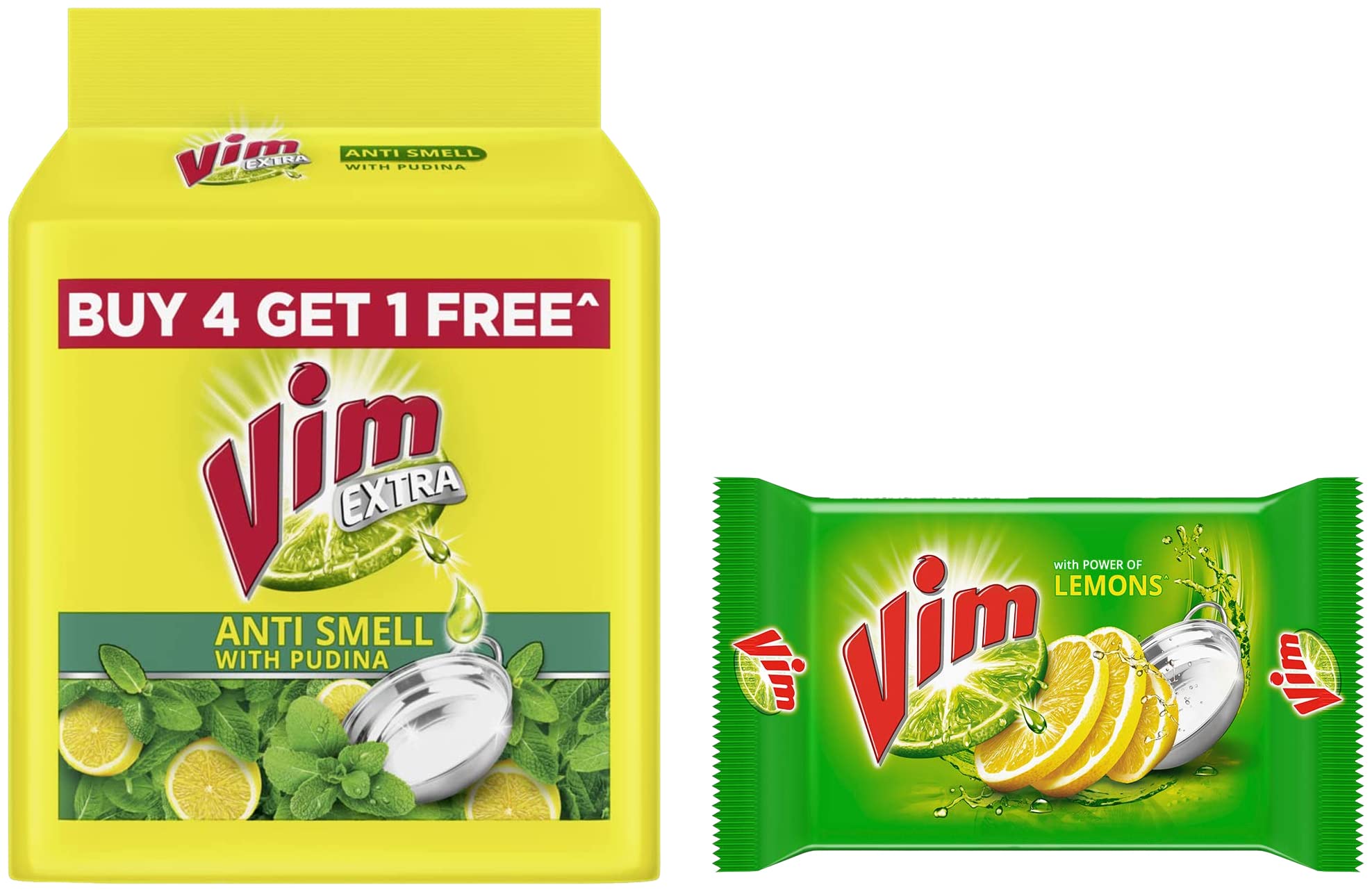 Vim Antismell with Pudina Buy 4 get 1, Pack of 5 & Vim Dishwash Bar Lemon, Removes Stain And Grease With Power Of Lemon, 300 g