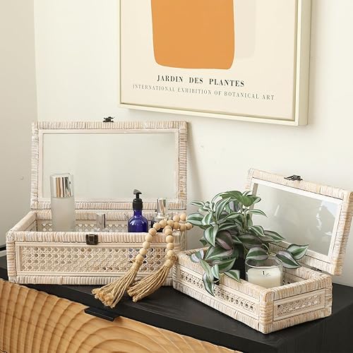Miniatura 3 de Cajas apilables de ratán y caña con tapa superior de cristal, juego de 2 unidades de 11.8 y 14.1 pulgadas, para decoración bohemia y rústica de
