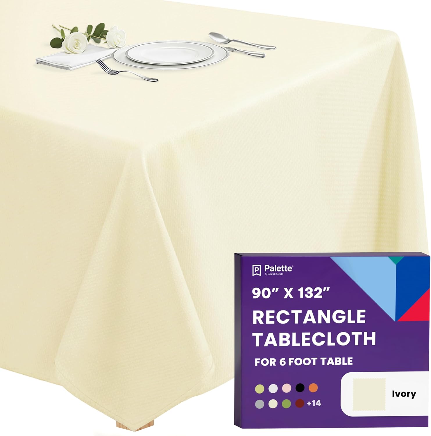 Gee Di Moda Rectangle Tablecloth - 90 x 132 Inch Ivory Table Cloth for 6 Foot Tables with Floor-Length Drop - Heavy Duty Washable Fabric for Holiday Party, Dinner, Weddings & Baby Shower