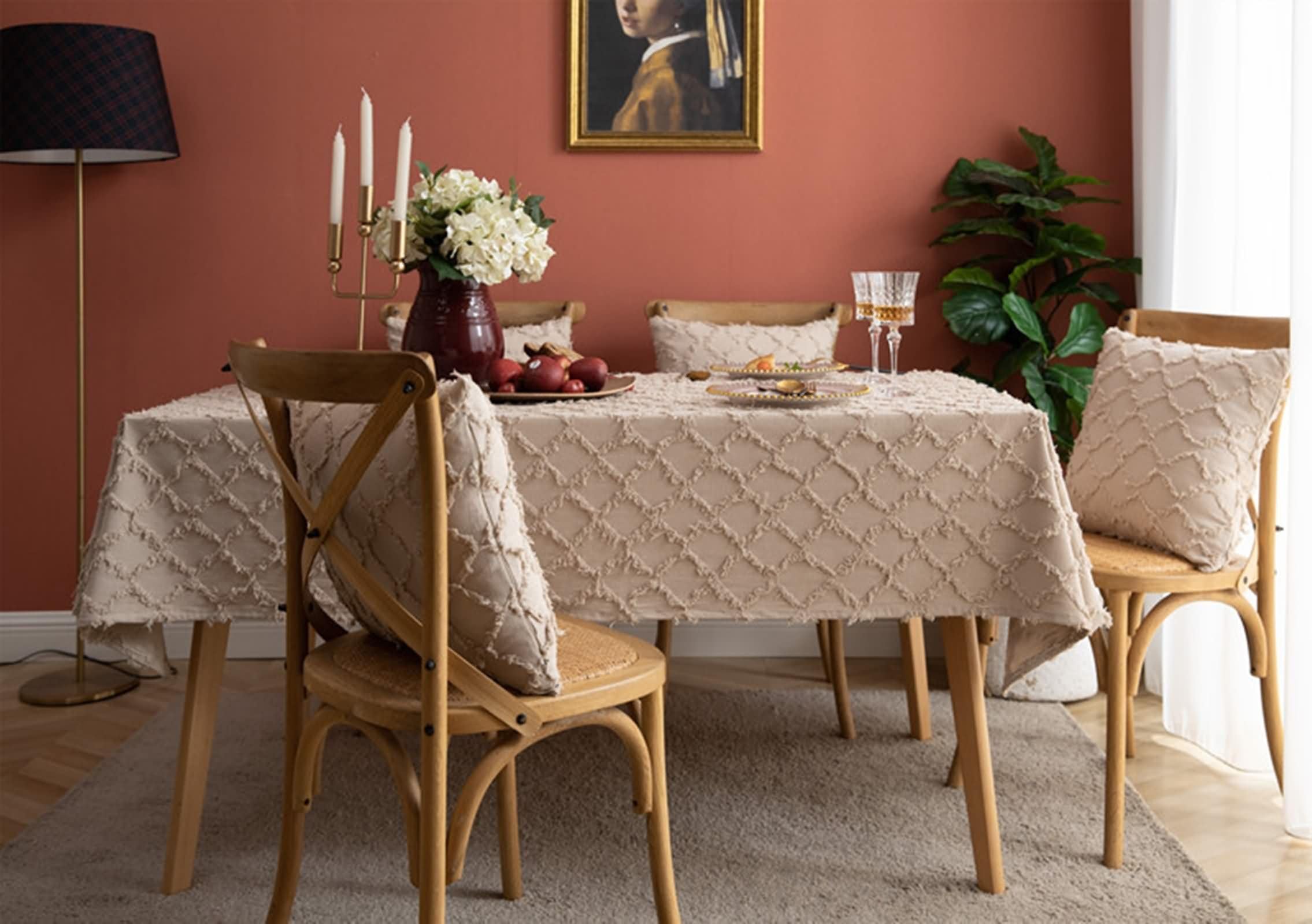 Mantel Antimanchas y Lavable Rectangular Caqui Exterior, Patrón de Rombos, de Algodón y Lino Elegante, 135 x 260 cm, Mantel para Comedor